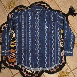 🔥🔥 Vintage Wrangler Western Pearl Snap Blue Striped ButtonUp Shirt 🔥🔥 Size M